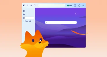 Ilustración de una ventana del navegador Firefox con el indicador de VPN y la mascota del zorro delante