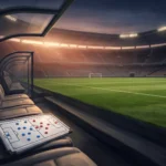 Banquillo vacío de un estadio iluminado al anochecer con una pizarra táctica con fichas sobre un asiento. Imagen generada con IA.