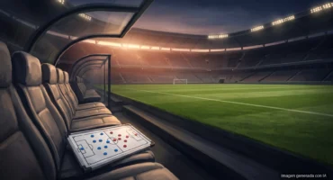 Banquillo vacío de un estadio iluminado al anochecer con una pizarra táctica con fichas sobre un asiento. Imagen generada con IA.