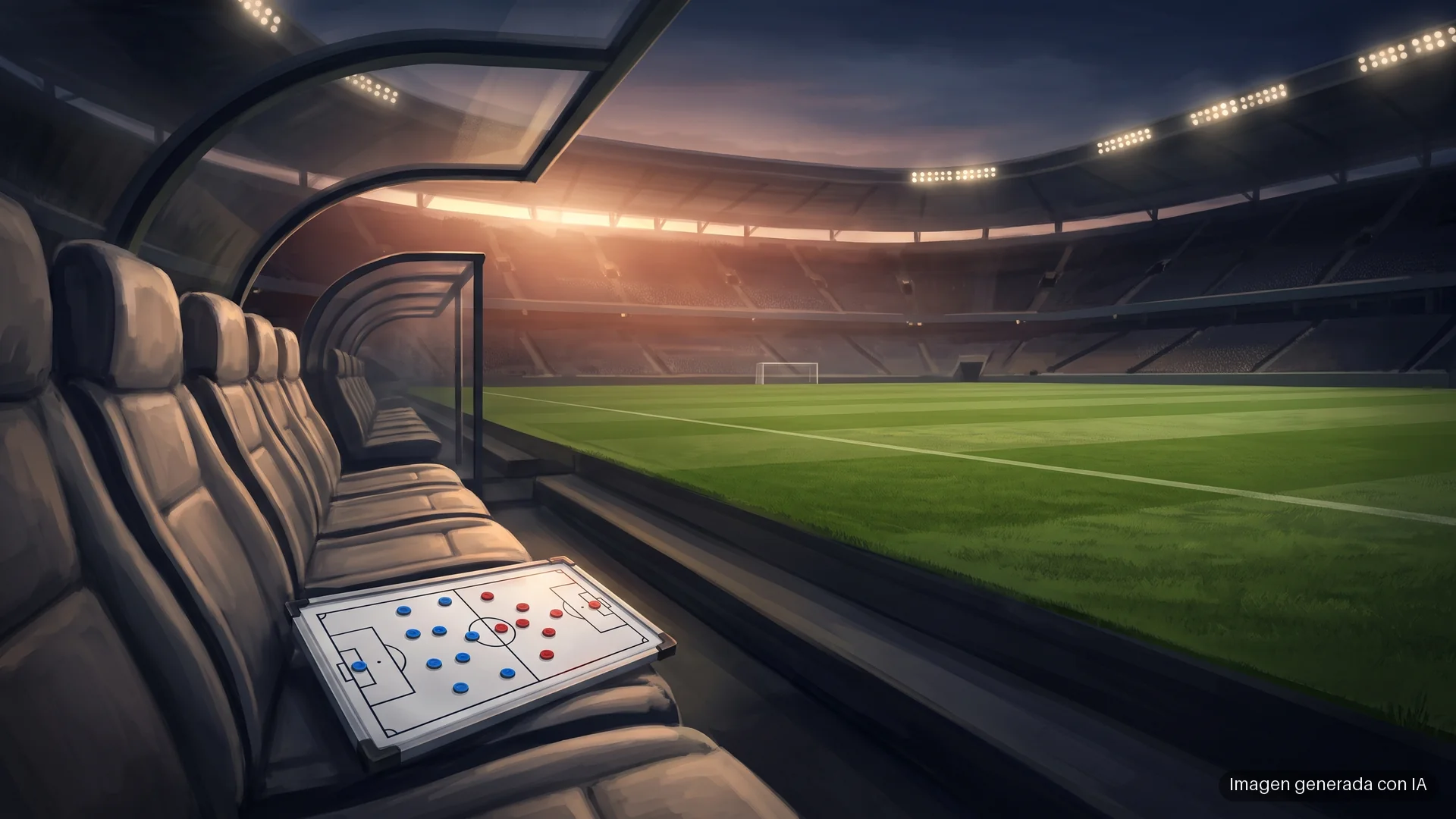 football-manager-27-gratis-3-noviembre Banquillo vacío de un estadio iluminado al anochecer con una pizarra táctica con fichas sobre un asiento. Imagen generada con IA.