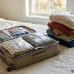 Una maleta de viaje abierta sobre una cama de sábanas claras, junto a una ventana luminosa, con ropa doblada dentro de bolsas transparentes de vacío aplastadas; al lado, una pila alta de jerséis de lana sin comprimir. Imagen generada con IA.
