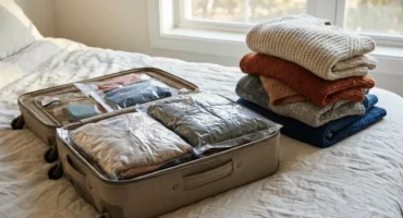 Una maleta de viaje abierta sobre una cama de sábanas claras, junto a una ventana luminosa, con ropa doblada dentro de bolsas transparentes de vacío aplastadas; al lado, una pila alta de jerséis de lana sin comprimir. Imagen generada con IA.