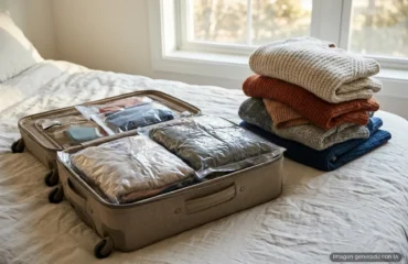 formatos-compresion-comparados-zip-7z-rar-tar Una maleta de viaje abierta sobre una cama de sábanas claras, junto a una ventana luminosa, con ropa doblada dentro de bolsas transparentes de vacío aplastadas; al lado, una pila alta de jerséis de lana sin comprimir. Imagen generada con IA.