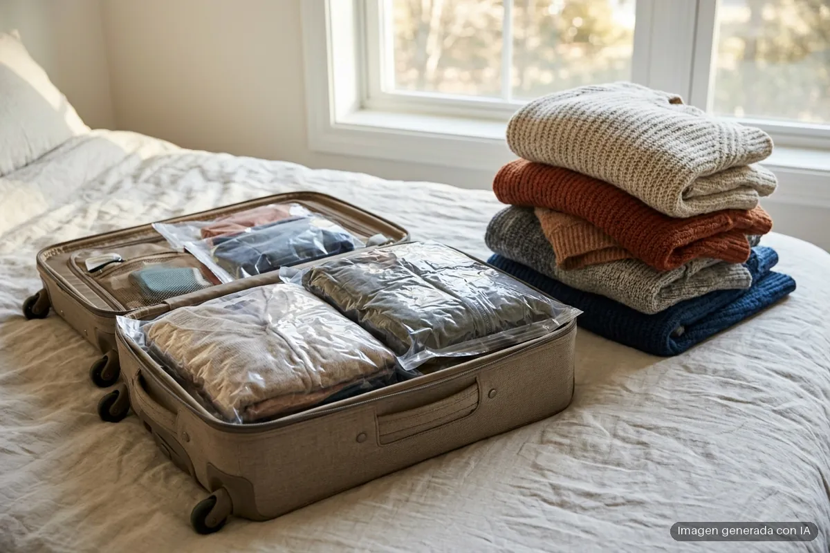 formatos-compresion-comparados-zip-7z-rar-tar Una maleta de viaje abierta sobre una cama de sábanas claras, junto a una ventana luminosa, con ropa doblada dentro de bolsas transparentes de vacío aplastadas; al lado, una pila alta de jerséis de lana sin comprimir. Imagen generada con IA.