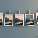 Cinco copias de la misma foto de un lago entre montañas cuelgan con pinzas de un cordel: una nítida, otra más suave, otra pixelada, otra con el cielo recortado y una más pequeña. Imagen generada con IA.