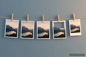 Cinco copias de la misma foto de un lago entre montañas cuelgan con pinzas de un cordel: una nítida, otra más suave, otra pixelada, otra con el cielo recortado y una más pequeña. Imagen generada con IA.