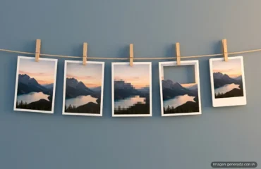 formatos-imagen-comparados-jpeg-png-webp-avif-heic Cinco copias de la misma foto de un lago entre montañas cuelgan con pinzas de un cordel: una nítida, otra más suave, otra pixelada, otra con el cielo recortado y una más pequeña. Imagen generada con IA.