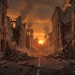 Avenida de una ciudad en ruinas al atardecer, con edificios de piedra derruidos, cascotes sobre el asfalto agrietado, humo y brasas flotando bajo una luz naranja. Imagen generada con IA.