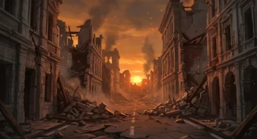 Avenida de una ciudad en ruinas al atardecer, con edificios de piedra derruidos, cascotes sobre el asfalto agrietado, humo y brasas flotando bajo una luz naranja. Imagen generada con IA.