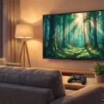 Salón al atardecer con un televisor en la pared que muestra un bosque iluminado y un mando negro sin logotipos sobre una mesa baja. Imagen generada con IA.