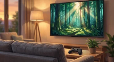 Salón al atardecer con un televisor en la pared que muestra un bosque iluminado y un mando negro sin logotipos sobre una mesa baja. Imagen generada con IA.
