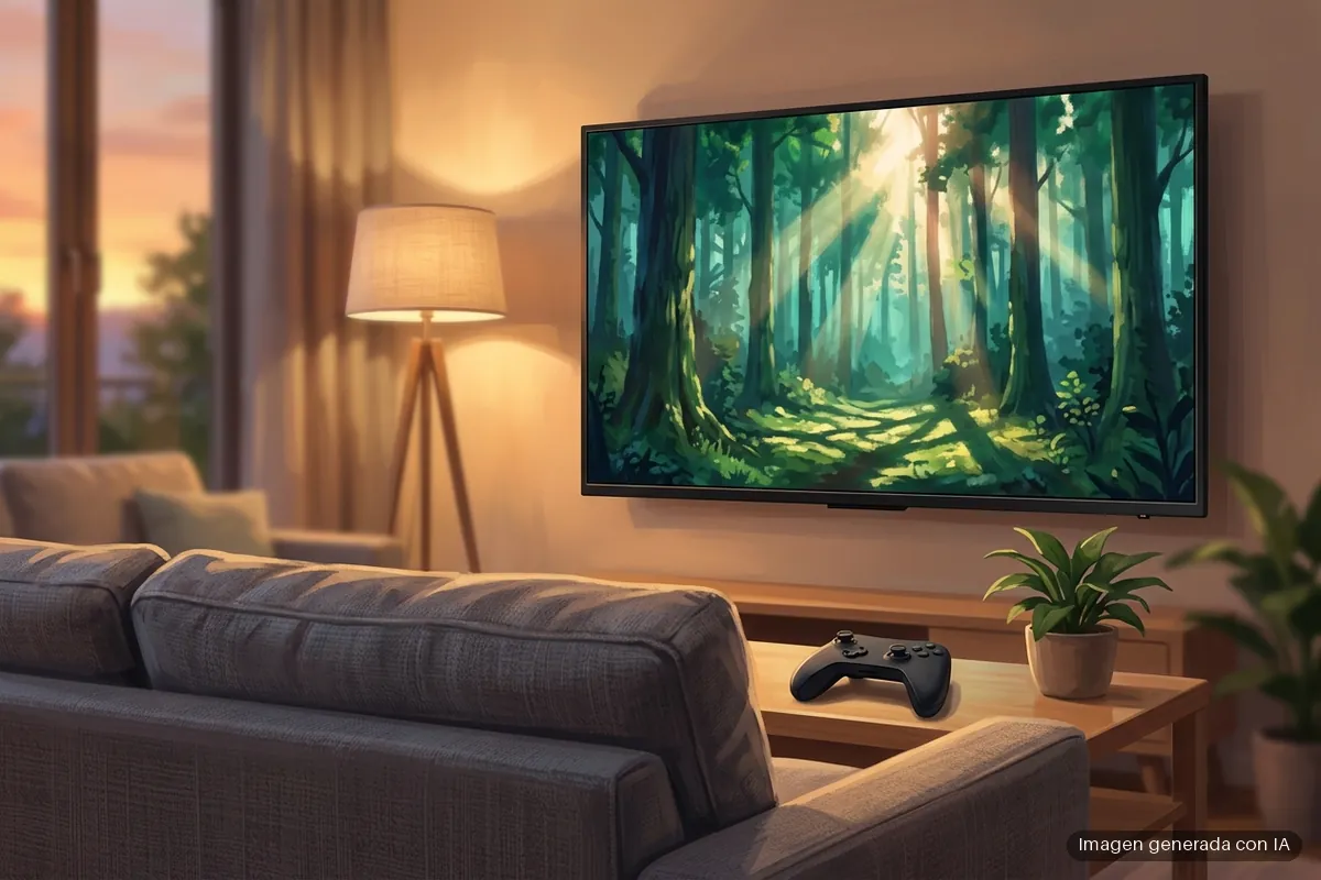 geforce-now-dlss-45 Salón al atardecer con un televisor en la pared que muestra un bosque iluminado y un mando negro sin logotipos sobre una mesa baja. Imagen generada con IA.