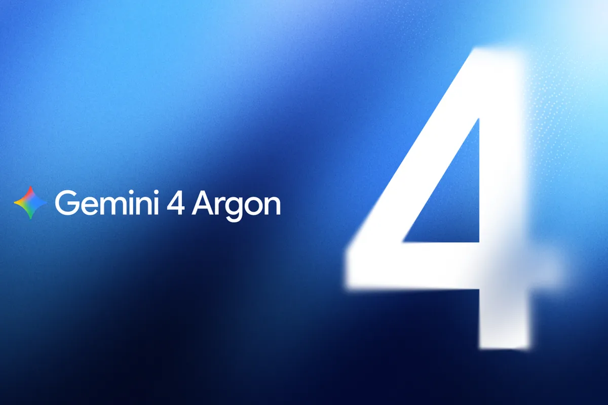 Arte oficial de Gemini 4 Argon: el logotipo de Gemini con el nombre del modelo y un gran 4 blanco difuminado sobre un degradado azul
