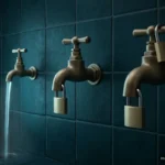 Tres grifos de latón en una pared de azulejos azules: solo el pequeño está abierto y los dos grandes llevan candado. Imagen generada con IA.