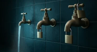 Tres grifos de latón en una pared de azulejos azules: solo el pequeño está abierto y los dos grandes llevan candado. Imagen generada con IA.