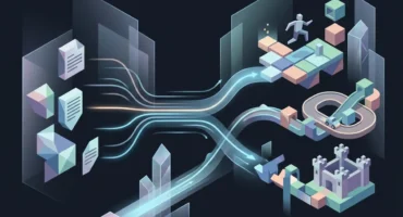 Documentos que se convierten, entre estelas de luz, en un castillo, un circuito y una plataforma de videojuego en bloques. Imagen generada con IA.