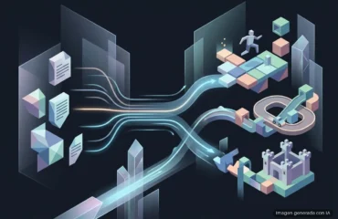 google-playground-crea-juegos-ia-texto-eeuu Documentos que se convierten, entre estelas de luz, en un castillo, un circuito y una plataforma de videojuego en bloques. Imagen generada con IA.