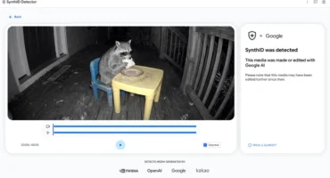Pantalla de SynthID Detector con un vídeo de un mapache comiendo en una mesita y el aviso de que se detectó la marca de agua SynthID