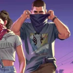 Ilustración oficial de Grand Theft Auto VI con Lucia y Jason cubriéndose la cara con pañuelos bajo un cielo violeta con palmeras