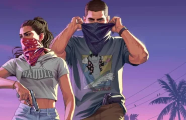 Ilustración oficial de Grand Theft Auto VI con Lucia y Jason cubriéndose la cara con pañuelos bajo un cielo violeta con palmeras