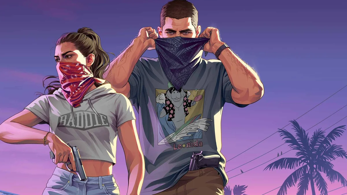 gta-vi-rockstar Ilustración oficial de Grand Theft Auto VI con Lucia y Jason cubriéndose la cara con pañuelos bajo un cielo violeta con palmeras