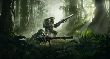 Arte oficial de Scope of Authority para Helldivers 2: un Helldiver arrodillado con un rifle y otro camuflado tras un fusil antimaterial en un bosque