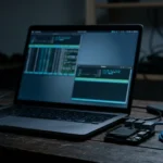 Portátil con ventanas de terminal desenfocadas junto a un ordenador de placa única y un cable de red azul. Imagen generada con IA.