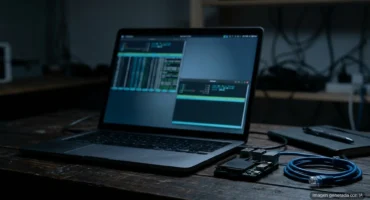 Portátil con ventanas de terminal desenfocadas junto a un ordenador de placa única y un cable de red azul. Imagen generada con IA.