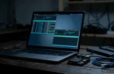 kali-linux-2026-3 Portátil con ventanas de terminal desenfocadas junto a un ordenador de placa única y un cable de red azul. Imagen generada con IA.