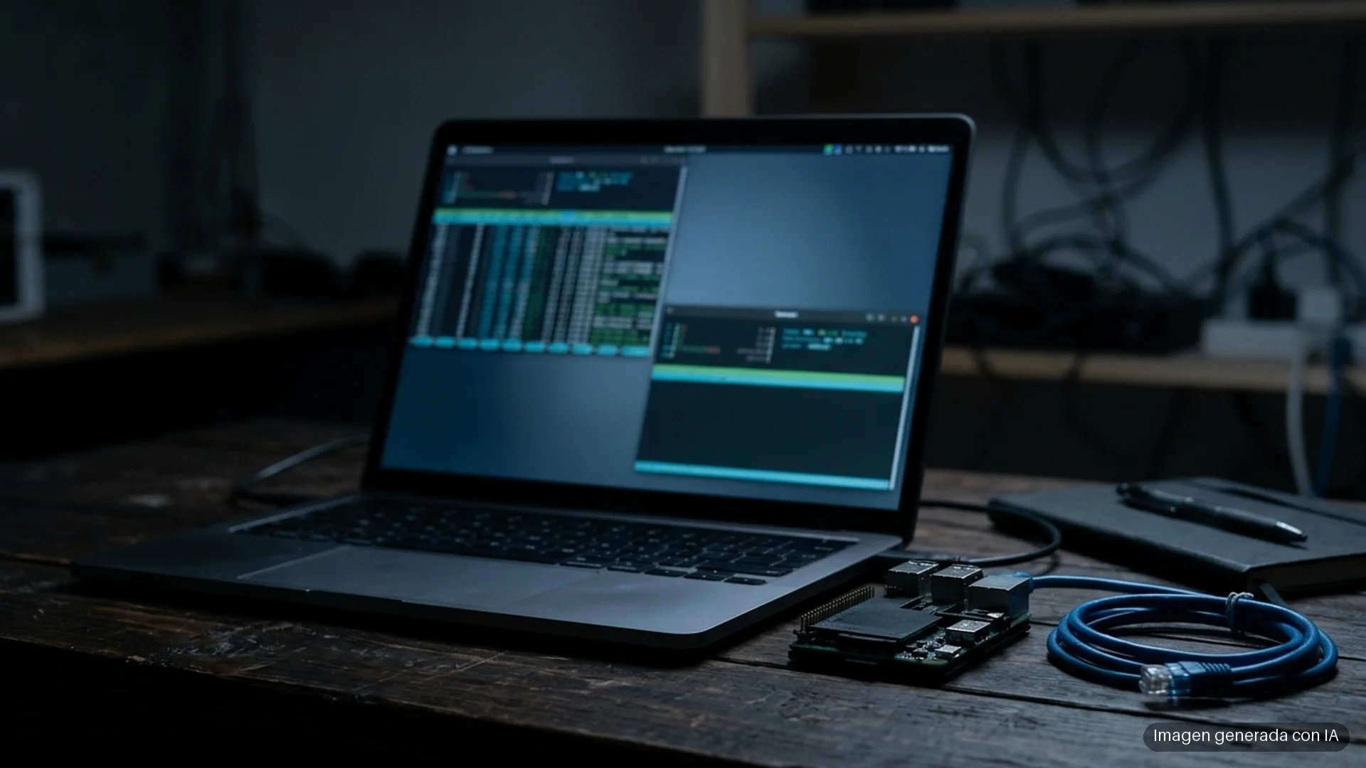 kali-linux-2026-3 Portátil con ventanas de terminal desenfocadas junto a un ordenador de placa única y un cable de red azul. Imagen generada con IA.