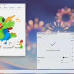 Escritorio de Plasma 6.8 con el visor de fotos abierto sobre la mascota Konqi y el número 30 de KDE y el calendario de octubre desplegado