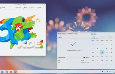 Escritorio de Plasma 6.8 con el visor de fotos abierto sobre la mascota Konqi y el número 30 de KDE y el calendario de octubre desplegado
