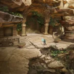 Arte conceptual de Kena: Scars of Kosmora: unas ruinas talladas en la roca, con una puerta circular y escalinatas, y la protagonista con su bastón luminoso