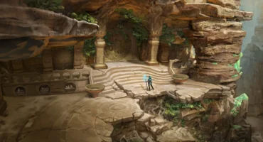 Arte conceptual de Kena: Scars of Kosmora: unas ruinas talladas en la roca, con una puerta circular y escalinatas, y la protagonista con su bastón luminoso