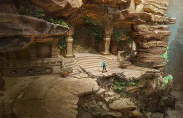 Arte conceptual de Kena: Scars of Kosmora: unas ruinas talladas en la roca, con una puerta circular y escalinatas, y la protagonista con su bastón luminoso