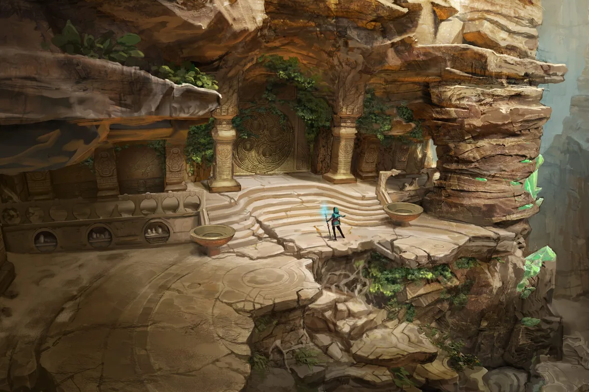 kena-scars-of-kosmora-2027 Arte conceptual de Kena: Scars of Kosmora: unas ruinas talladas en la roca, con una puerta circular y escalinatas, y la protagonista con su bastón luminoso