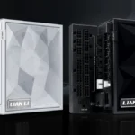 Las fuentes Lian Li EDGE GOLD V2 en blanco y EDGE PLATINUM V2 en negro, en forma de L, con los conectores modulares a la vista y la placa LIAN LI en el frontal