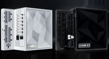 Las fuentes Lian Li EDGE GOLD V2 en blanco y EDGE PLATINUM V2 en negro, en forma de L, con los conectores modulares a la vista y la placa LIAN LI en el frontal