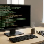 Monitor con una consola de texto borroso sobre un escritorio de madera, junto a un teclado, una taza de café y una placa base. Imagen generada con IA.