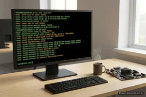 Monitor con una consola de texto borroso sobre un escritorio de madera, junto a un teclado, una taza de café y una placa base. Imagen generada con IA.