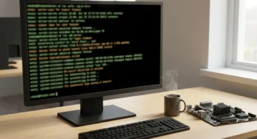 Monitor con una consola de texto borroso sobre un escritorio de madera, junto a un teclado, una taza de café y una placa base. Imagen generada con IA.