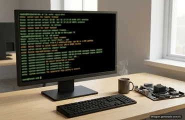 Monitor con una consola de texto borroso sobre un escritorio de madera, junto a un teclado, una taza de café y una placa base. Imagen generada con IA.