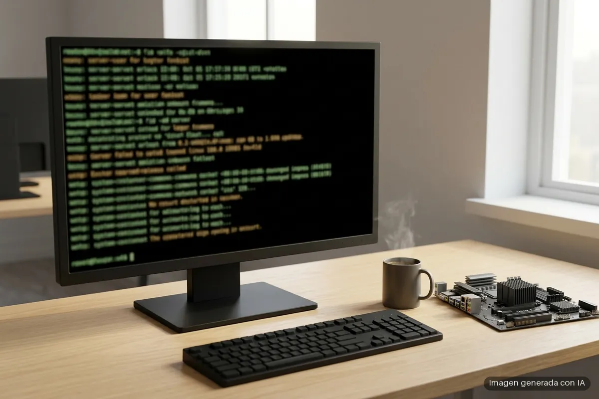 linux-7-3-terminal Monitor con una consola de texto borroso sobre un escritorio de madera, junto a un teclado, una taza de café y una placa base. Imagen generada con IA.