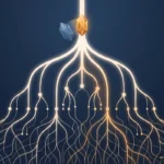 Un árbol de ramas luminosas baja desde un único nodo en lo alto, donde un cristal ámbar releva a otro azul. Imagen generada con IA.