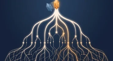 Un árbol de ramas luminosas baja desde un único nodo en lo alto, donde un cristal ámbar releva a otro azul. Imagen generada con IA.