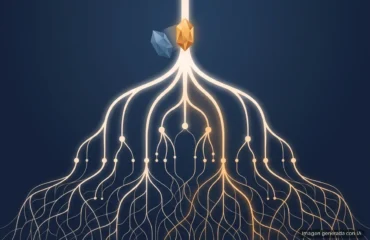 llave-raiz-dns-11-octubre-comprobar-conexion Un árbol de ramas luminosas baja desde un único nodo en lo alto, donde un cristal ámbar releva a otro azul. Imagen generada con IA.