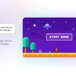 Maqueta del chat de Lumo con su gato morado como avatar y, a la derecha, el lienzo con un juego de plataformas en píxeles de cielo morado