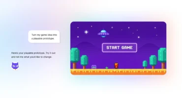 Maqueta del chat de Lumo con su gato morado como avatar y, a la derecha, el lienzo con un juego de plataformas en píxeles de cielo morado