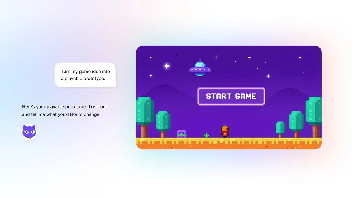 lumo-crea-documentos-y-codigo Maqueta del chat de Lumo con su gato morado como avatar y, a la derecha, el lienzo con un juego de plataformas en píxeles de cielo morado