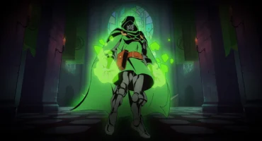 Doctor Doom envuelto en energía verde en un salón de su castillo, ilustración de Marvel Cosmic Invasion